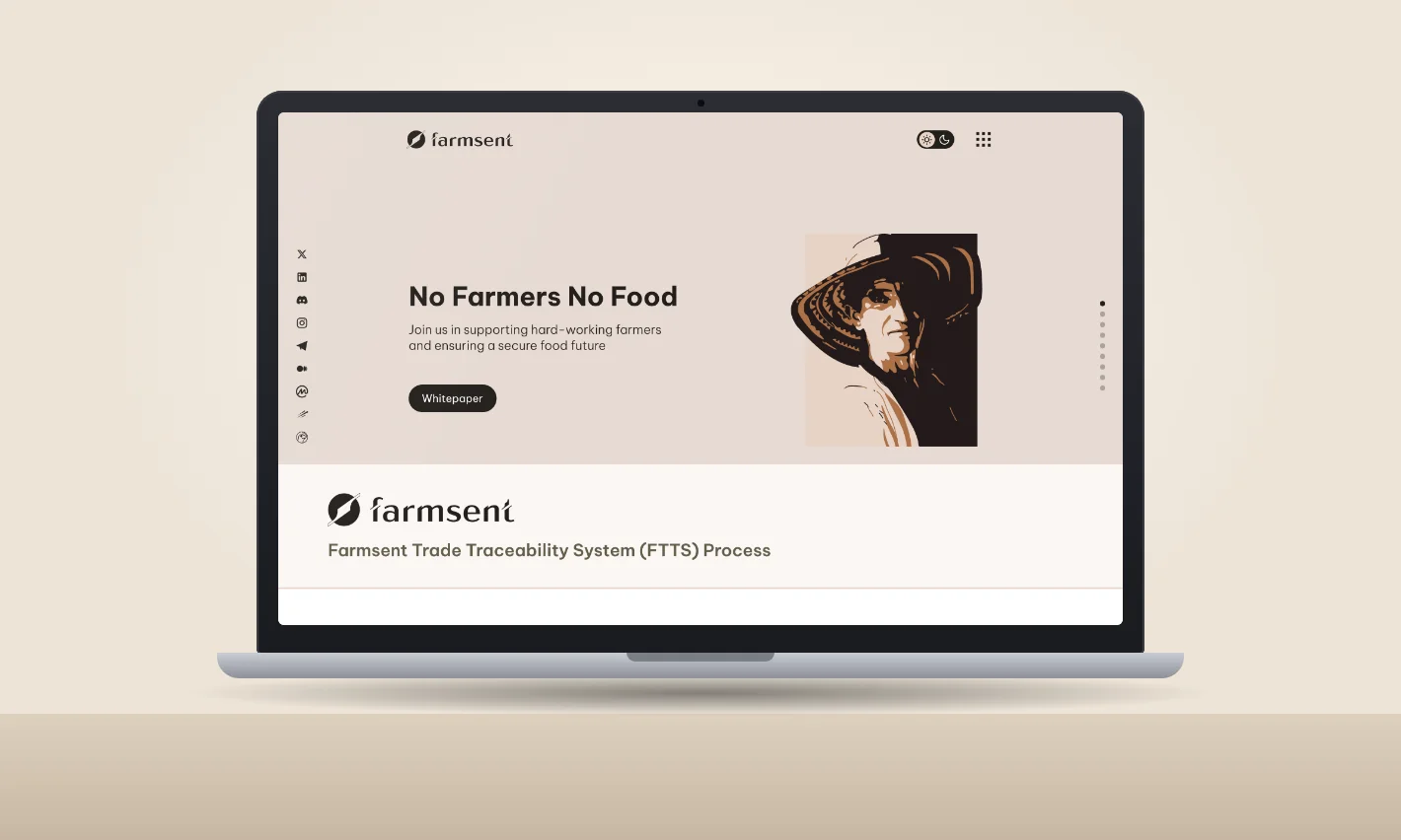 Farmsent agriculture blockchain platform home page, shown on a laptop