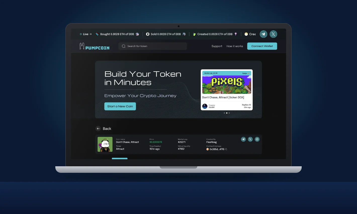 Pumpcoin Solana token launch platform home page, shown on a laptop