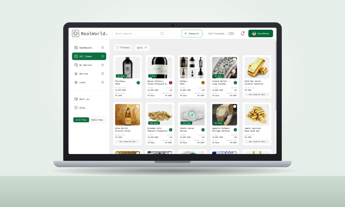 RealWorld RWA tokenization marketplace listing luxury assets, shown on a laptop