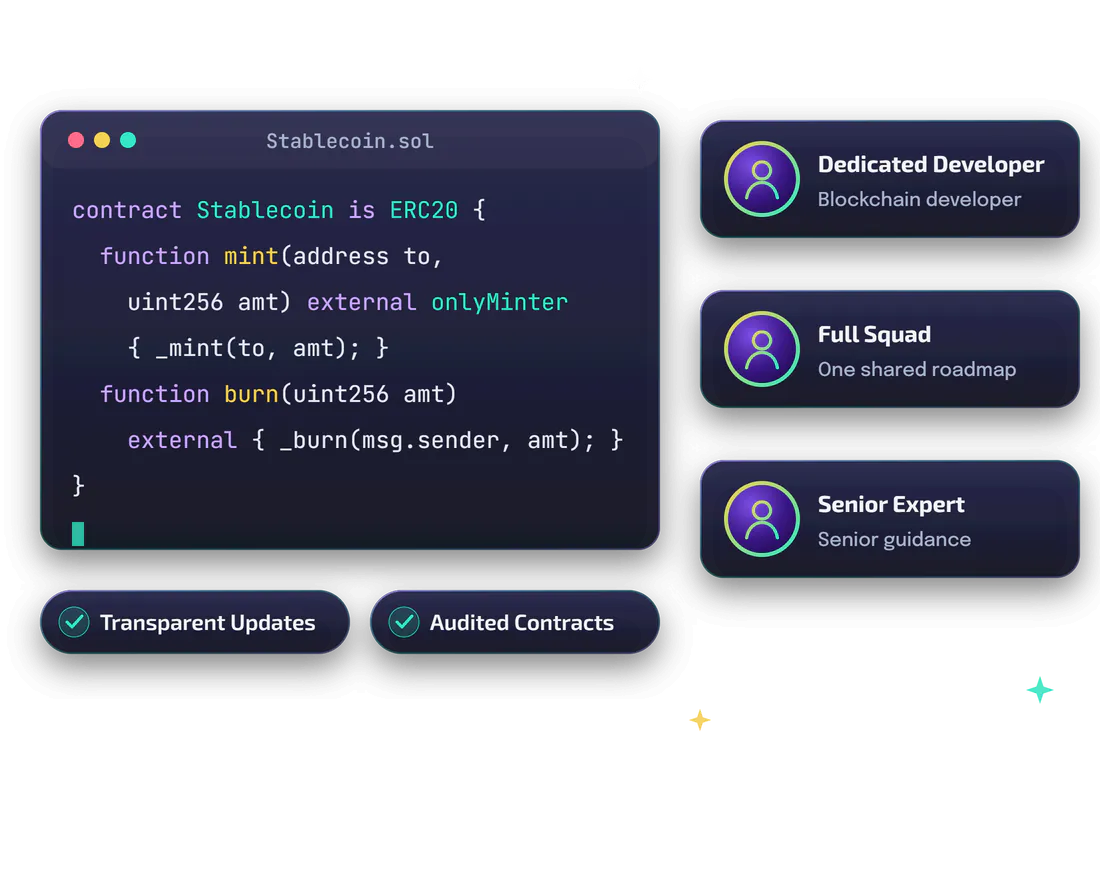 Hire a stablecoin developer: a dedicated developer, a full squad or a senior expert working on a stablecoin smart contract